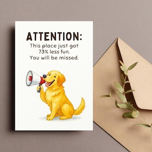 Biglietto d'addio per cani, biglietto d'addio divertente, regalo per un collega che lascia il lavoro, megafono con Golden Retriever, umorismo sui cuccioli, regalo per colleghi, download digitale