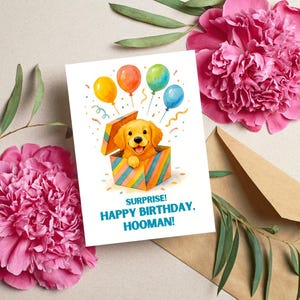 Tarjeta de cumpleaños sorpresa para perro, divertida tarjeta imprimible de golden retriever, adorable cachorro en caja de regalo, tarjeta de felicitación de Hooman, perro de acuarela, descarga digital