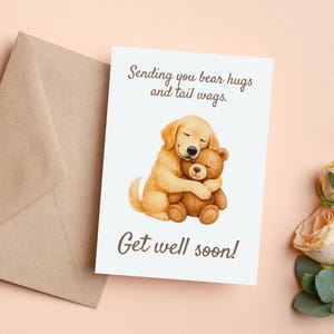 Carte de guérison pour chien, câlin d'ours, carte de guérison mignonne Golden Retriever, téléchargement numérique, carte imprimable, 5 x 7 pouces