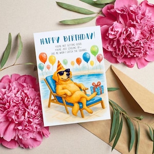 Cartão de aniversário engraçado para cachorro, cartão de festa para Golden Retriever, cartão para cachorro na piscina, presente para amantes de cachorros, cartão 5x7 dobrado e plano, download digital
