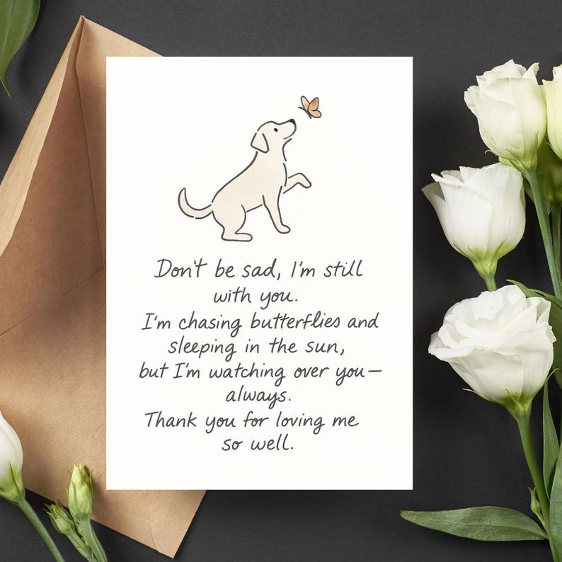 May include: A white greeting card with a dog illustration and a butterfly. The card has text that reads, "Don't be sad, I'm still with you...Thank you for loving me so well." The card is next to a brown envelope and white flowers.