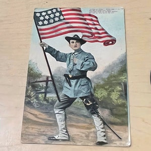 1908 POSTKARTE Soldat mit der AMERIKANISCHEN FLAGGE 14 Sterne! ORIGINAL Antiquität