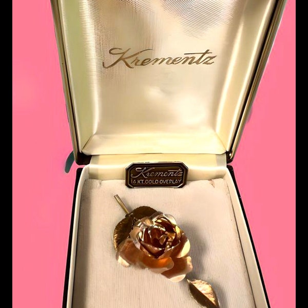 KREMENTZ 14k GOLD Overlay Pin of a ROSE in ORIGINAl BOx! ORIGINAl Signage Inside Box. This Vintage Pin is in MINt Condition 2.5" Long.