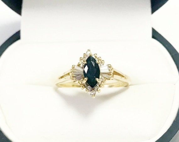 14K Gold Marquise Blue SAPPHIRE & DIAMOND Baguette BALLERINA Ring Size  8 1/2!