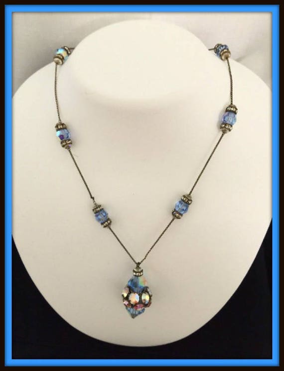 ANTIQUE NECKLACE Blue and White CRYSTALS  Silver … - image 3