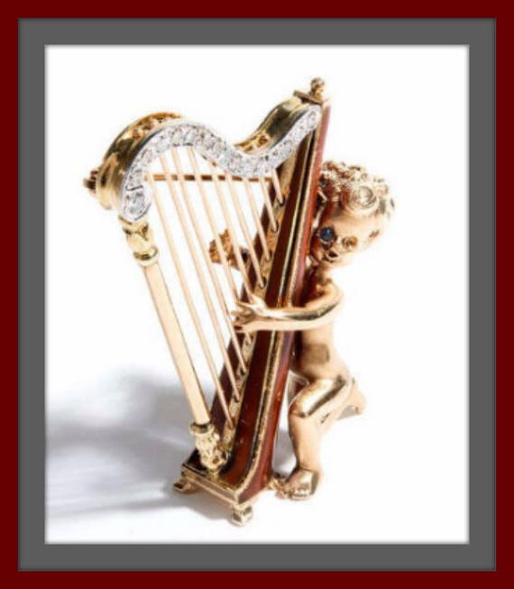 RUSER 14k Gold Retro Pin Cherub Harp Diamonds  CU… - image 3