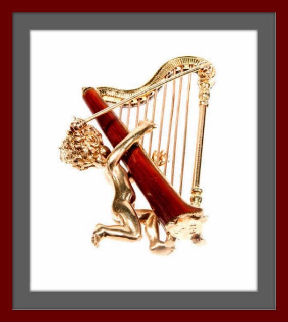 RUSER 14k Gold Retro Pin Cherub Harp Diamonds  CU… - image 2