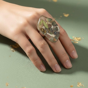 Sea Stone Resin Ring – Beach Pebbles, Shells, Botanicals, Adjustable Handmade Jewelry