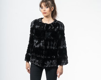 Handgefertigte Nerz Jacke - Kragenlose Schwarz Kurzmantel
