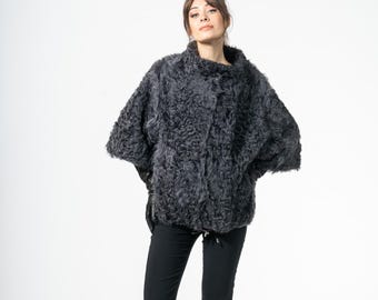 Purple Shearling Lamb Fur Jacket – Short A-Line Silhouette - Winter Gift for Her
