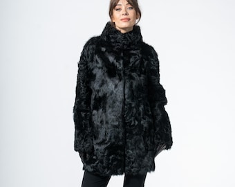 Black Shearling Lamb Fur Coat – Handmade Winter Jacket
