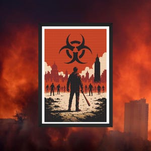 May include: A framed cross-stitch art piece depicting a post-apocalyptic city scene in shades of orange, black, and cream. A lone figure holding a baseball bat stands before a crowd of silhouettes, with a large biohazard symbol centered above.