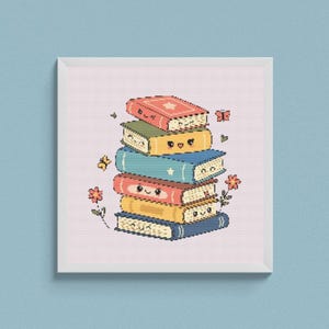 May include: A stack of six colorful books with cute faces and a star on one of the books. The books are surrounded by small flowers and butterflies.