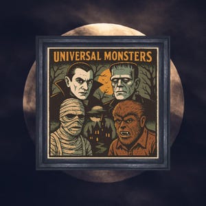 May include: Framed artwork with the text "UNIVERSAL MONSTERS" above illustrations of Dracula, Frankenstein's monster, the Mummy, and the Wolfman. The background includes a full moon, trees, and a haunted house.