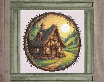 May include: A cross-stitch pattern featuring a charming cottage nestled in a lush green forest. The cottage has a thatched roof and a stone chimney. The forest is filled with trees and flowers. The sun is shining brightly in the sky.