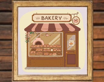 コテージコア・ベーカリーのクロスステッチパターン - 居心地の良いショップデザイン（PDFパターン）