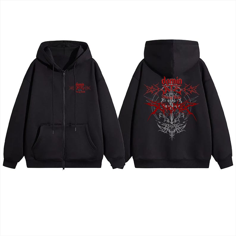 May include: Black zip-up hoodie with a hood and front pockets. The front features red text and a design. The back displays a larger, intricate red and gray graphic design with the word "demin" at the top. A casual, gothic-inspired garment.