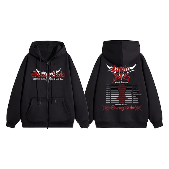 【SATIIIZ】Rennie Printed Stray Hood Zip Up dominATE TOUR BLACK ZIP-UP HOODIE – Stray Kids