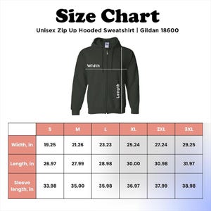 May include: A size chart for a Unisex Zip Up Hooded Sweatshirt, model Gildan 18600. The chart shows measurements in inches for width, length, and sleeve length, ranging from size S to 3XL. A dark green hooded sweatshirt is also shown.