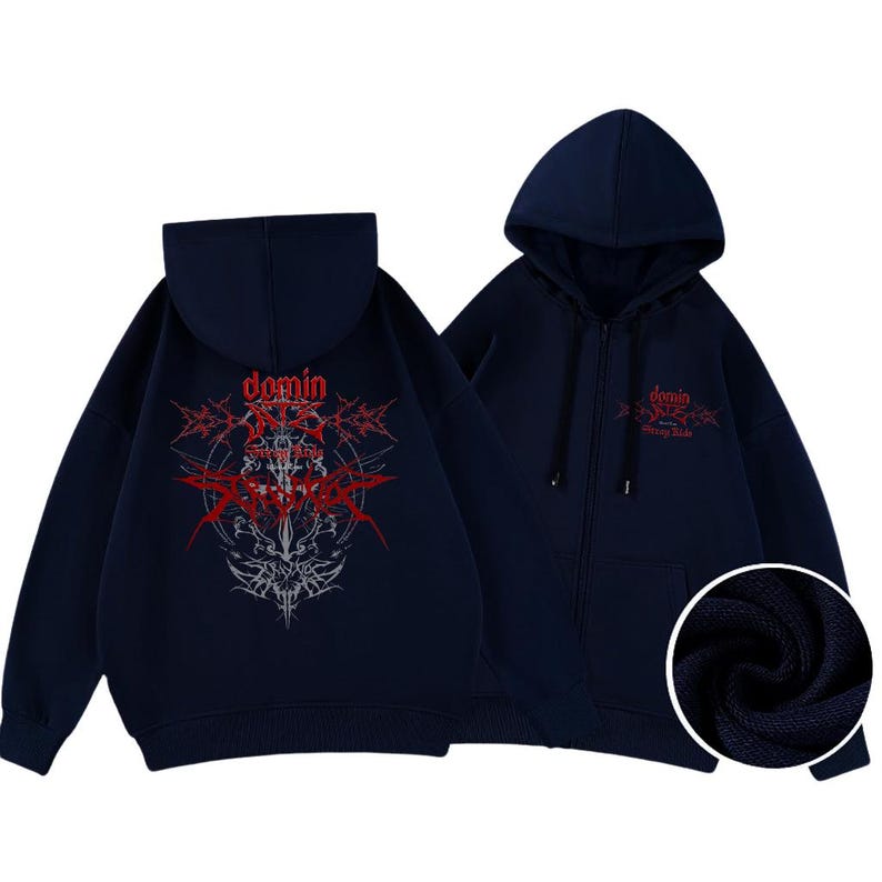 May include: Navy blue zip-up hoodie with a hood and front pockets. The back features a red and white graphic design with the word "domin" and other text. The front of the hoodie also has the word "domin" in red.