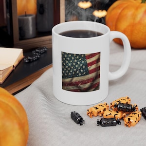 Vintage USA Flag Ceramic Mug: Patriotic 4th July Coffee Cup