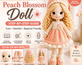 Patrón de muñeca de ganchillo Flor de durazno, Niña amigurumi, PDF apto para principiantes