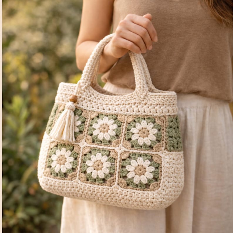 Puede incluir: Bolso tote de crochet color crema con un patr&oacute;n floral en verde, beige y blanco. El bolso presenta un detalle de borla y cuentas de madera. Las asas son resistentes y el bolso parece hecho a mano.