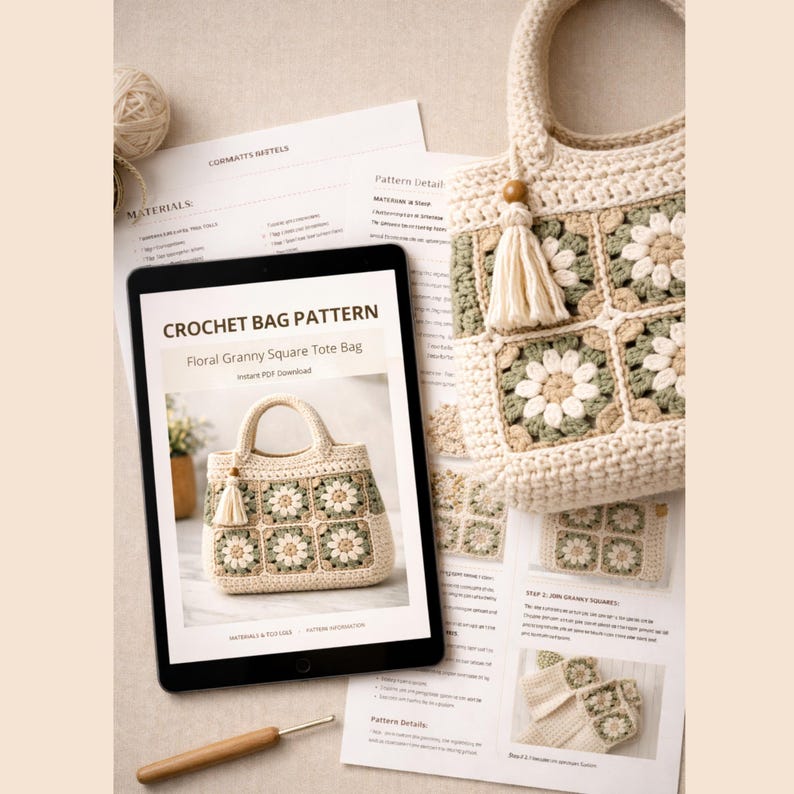 Puede incluir: Un patr&oacute;n de bolso de ganchillo para un bolso tote floral Granny Square se muestra en una tableta, junto con un bolso terminado con una borla. El bolso presenta cuadrados florales blancos y verdes. Tambi&eacute;n son visibles un ganchillo y los detalles del patr&oacute;n.