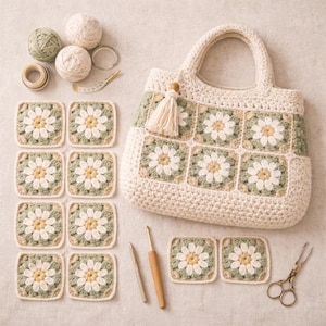 Puede incluir: Un bolso tote de crochet color crema con cuadrados de margaritas, una borla a juego y un asa color crema. La bolsa est&aacute; rodeada de cuadrados de crochet, ovillos de lana, ganchillos y tijeras. Los cuadrados de margaritas tienen p&eacute;talos blancos, un centro amarillo y un borde verde.