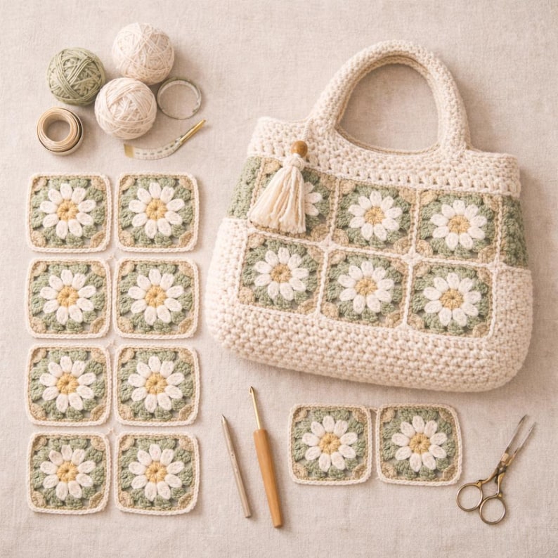 Puede incluir: Un bolso tote de crochet color crema con cuadrados de margaritas, una borla a juego y un asa color crema. La bolsa est&aacute; rodeada de cuadrados de crochet, ovillos de lana, ganchillos y tijeras. Los cuadrados de margaritas tienen p&eacute;talos blancos, un centro amarillo y un borde verde.