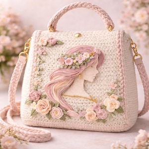 May include: Cream-colored crochet handbag with a pink braided handle and shoulder strap. The bag features an embroidered profile of a woman with pink hair and a floral crown, surrounded by floral embellishments. Gold-colored hardware accents the bag.