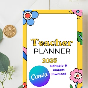 Teacher Planner, 20+ Page Editable Canva Template, Retro teacher planner 2025
