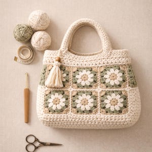 Puede incluir: Bolso tote de crochet color crema con un estampado floral en verde y beige. El bolso tiene un asa a juego y una borla. Junto al bolso hay ovillos de lana, una cinta m&eacute;trica, un ganchillo y unas tijeras.