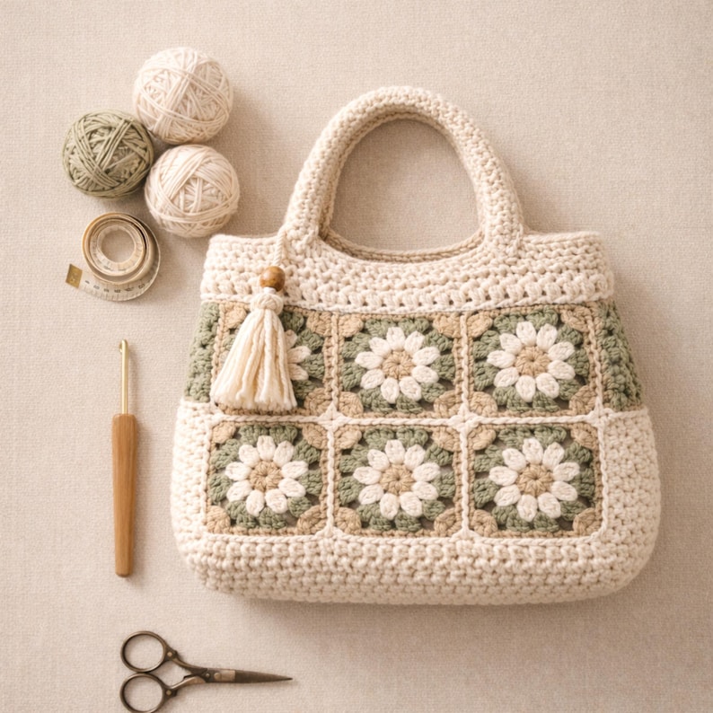 Puede incluir: Bolso tote de crochet color crema con un estampado floral en verde y beige. El bolso tiene un asa a juego y una borla. Junto al bolso hay ovillos de lana, una cinta m&eacute;trica, un ganchillo y unas tijeras.
