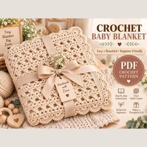 Könnte beinhalten: Eine cremefarbene Häkeldecke für Babys mit gewelltem Rand, umwickelt mit einem beigen Band und einem Anhänger mit der Aufschrift Handmade with Love. Das Bild enthält den Text CROCHET BABY BLANKET, PDF CROCHET PATTERN sowie weitere Merkmale.