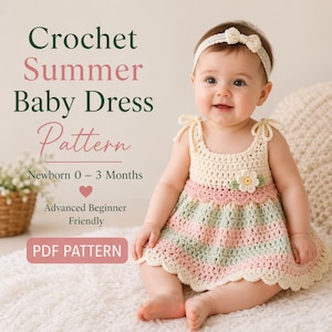 May include: A crochet summer baby dress pattern is shown. The dress is cream, pink, and green striped with a flower accent. The text on the image says "Crochet Summer Baby Dress Pattern" and "Newborn 0-3 Months".