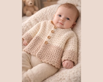Patrón de cárdigan de bebé a crochet, suéter bicolor para recién nacido, fácil para principiantes (descarga en PDF)