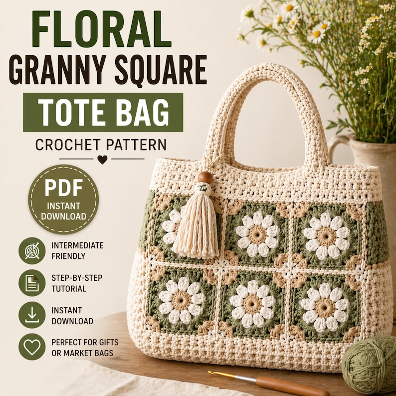 Puede incluir: Un bolso tote de crochet color crema con un dise&ntilde;o floral de granny square. El bolso presenta un asa color crema, una borla y un patr&oacute;n floral verde y beige. Se muestra el texto "FLORAL GRANNY SQUARE TOTE BAG CROCHET PATTERN".