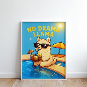 No Drama Llama Pool Poster - Funny Llama Printable Wall Art, Summer Animal Decor, Kids Room Quote, Digital Vacation Vibes Art