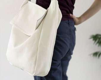 FOKS FORM Tote Bag 02, Minimale lederen draagtas, handtas, schoudertas, alledaagse tas, gestructureerde tas, schoudertas, witte leren tas