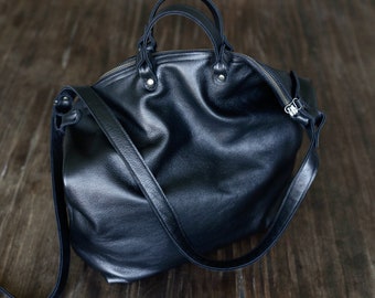 Black Leather Hobo Bag: Structured Crossbody Shopper Tote