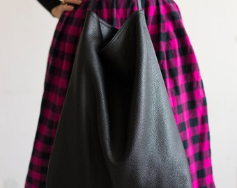 Black Leather Tote Bag: Extra Large Minimalist Shoulder Bag