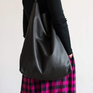 Minimalist Black Leather Tote Bag: Extra Large Shoulder Bag