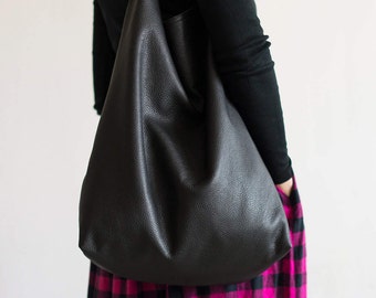 Minimalist Black Leather Tote Bag: Extra Large Shoulder Bag