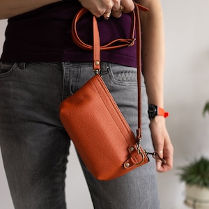 Orange Leather Crossbody Bag: Minimalist Small Shoulder Bag