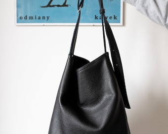 Minimalist Black Leather Tote Bag: Extra Large Shoulder Bag