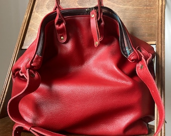 Red Leather Hobo Bag: Structured Crossbody Shopper Tote
