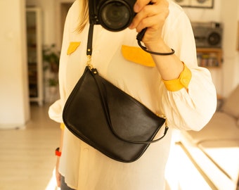 FOKS FORM Black Leather Moon Bag: Small Shoulder Bag, Crossbody Clutch