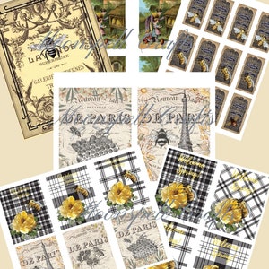 15 Digital Collage Sheets 6 Element Sheets 9 Full Size French Inspired Bees Junk Journal-Instant Download Black White Yellow image 4