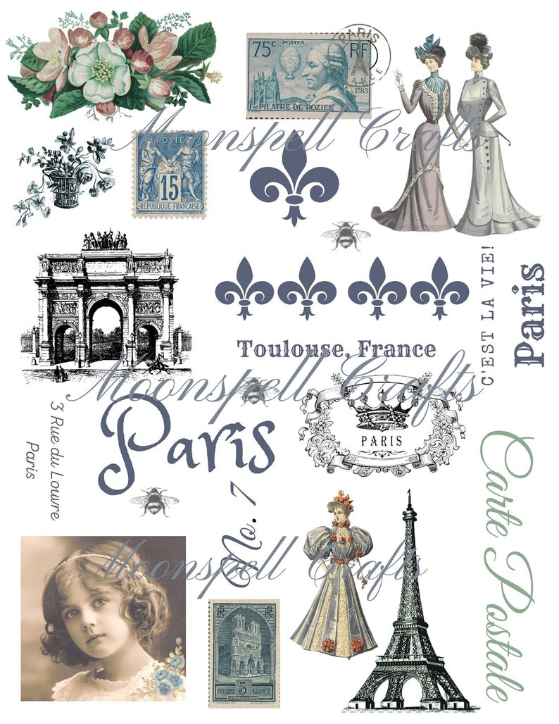 3 French inspired Digital Collage Element Sheets 3 pages in All Shabby Brocante Junk Journal Supply image 7